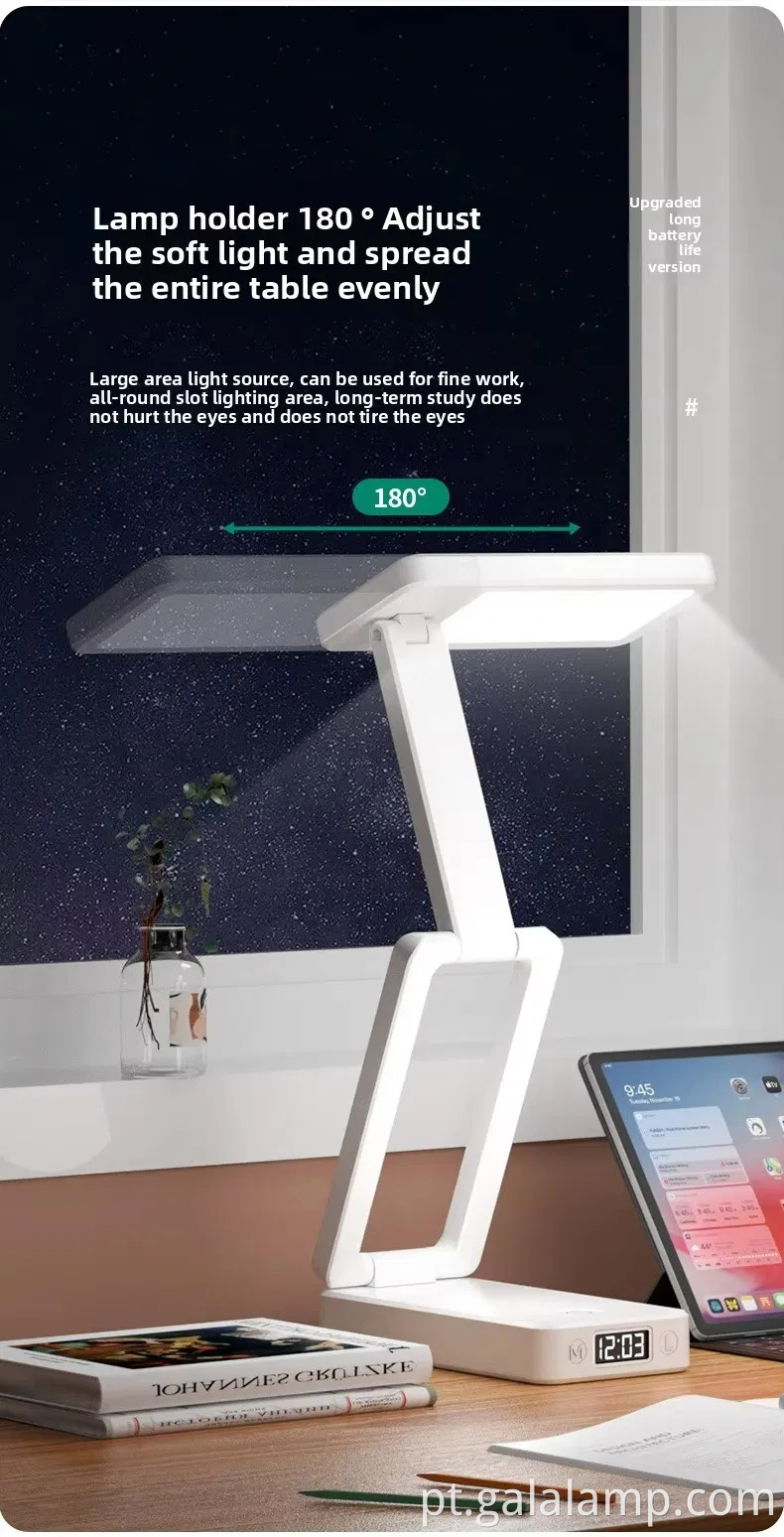 Rechargeable Folding Desk Lamp, Clock Reading Desk Lamp